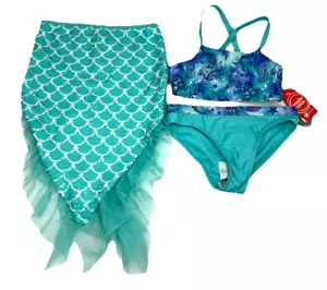 GIRL’S 3-PIECE SWIMSUIT MERMAID BIKINI WITH SEQUINED SKIRT SIZE S 6 - 6x - Picture 1 of 2