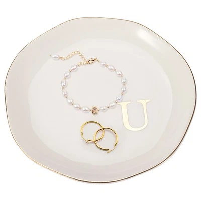 Ceramic Jewelry Tray, Letter U Vanity Tray for Earrings Key, Gold Edge White - Изображение 1 из 4