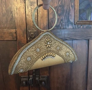 Vintage 60er Jahre Armband Abend Perlen Tasche Mini Micro Handtasche Gold Braun Unikat - Bild 1 von 10
