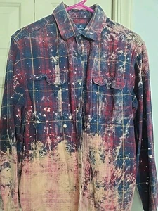 Bleich gebeizt Distressed Flanell Herren/Unisex mittel burgunderrot kariert Knopfleiste - Bild 1 von 5