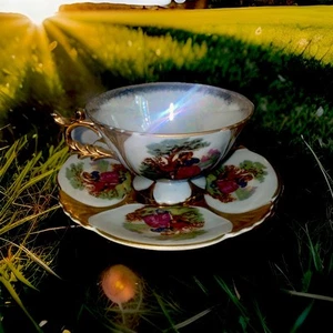 Vintage K Hand Painted Pink Gold Courting Couple Tea Cup & Saucer Japan? - Picture 1 of 8