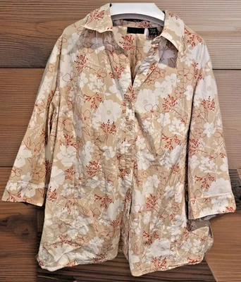 Camisa Apostrophe Mujer Top Abotonada Beige Rojo Floral Manga Larga Talla Grande 24W Foto 1 de 4