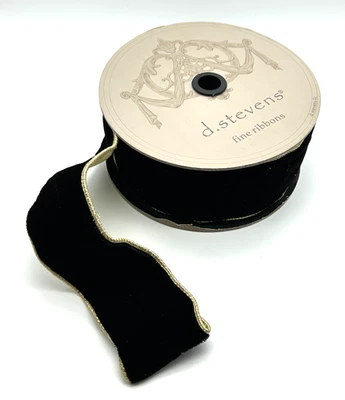 D. Stevens Fine Ribbons ~ Black Velvet w/ Gold Trim & Backing ~ 10 yds ~ NEW - Image 1 of 4