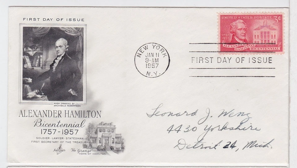 TurtlesTradingPost- Alexander Hamilton #1086 FDC- 1957- Artcraft Cachet - Image 1 of 1