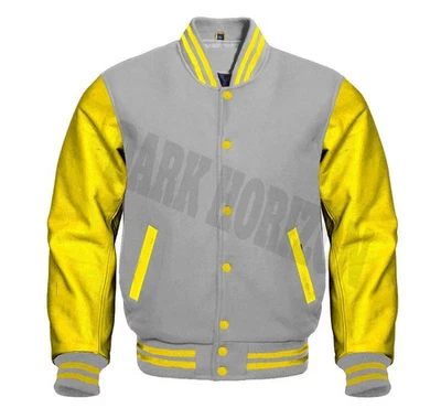 Chaqueta de béisbol universitaria Varsity Letterman gris o y amarillo de cuero de vaca bombardero Foto 1 de 3