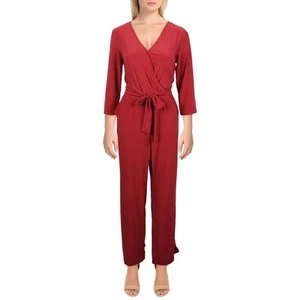 NY Collection Womens Red Matte Jersey Belted Jumpsuit Petites PL BHFO 5223 - Picture 1 of 2