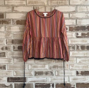 Amaryllis Womens Boutique Striped Pom Pom Blouse Sz Small  - Picture 1 of 7