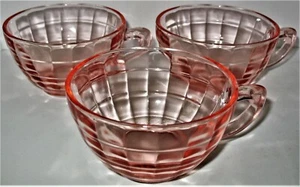 Vintage Lot of 3 Anchor Hocking Block Optic Pink Depression Glass Coffee Cups  - Picture 1 of 8