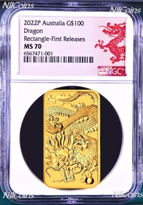 2022 Dragon 1oz .9999 GOLD Rectangular $100 Dollar Bar COIN NGC MS 70 FR Lunar L - Image 1 of 2
