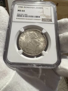 25.000 Lei 1946 Silver, Romania NGC MS64, "Smoke " above the letter L from LEI - Picture 1 of 2