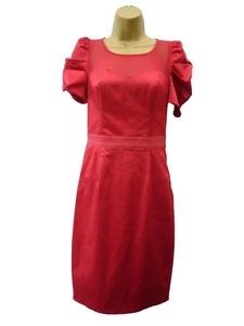 NEXT Size 6 Red Puff Sleeve Stretch Fitted Satin Knee Length Pencil Prom Dress - Picture 1 of 12
