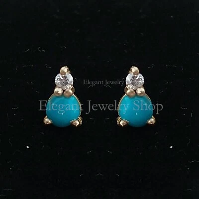 Turquoise and Diamond Tiny Stud Earrings 14k Yellow Gold Minimalist Jewelry Gift - Image 1 of 4
