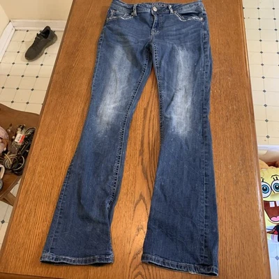 Jeans feminino Grace in LA tamanho 30 desgastado lavagem escura bolsos enfeitados boot cut - Imagem 1 de 4