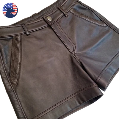 Pantalones Cortos Para Hombre Marrón Piel de Oveja Genuina Cuero de Oveja 4 Bolsillos De Colección Motociclista Foto 1 de 4