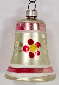 Christmas Ornament Bell Blown Glass Gold Pink Flower Stripes Germany VTG #1357 - Picture 1 of 8