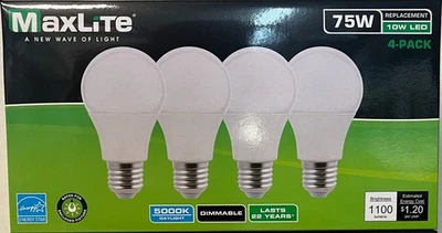 4-768 Pack Maxlite LED Light Bulbs 10W = 75W Watt A19 Daylight 5000K Dimmable - Image 1 of 4