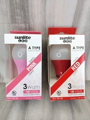 (2) Pack Red & Pink LED A Type Colored 3W Light Bulb Medium Base Sunlite Color - Image 1 of 4