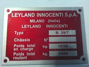 Typenschild Schild Leyland innocenti Mini B 39/7 s76 s100 - Picture 1 of 1