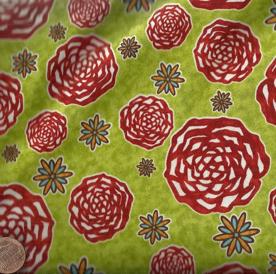 Finally Free green large orange flowers Kaufman fabric - Image 1 of 1