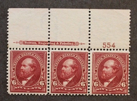 Scott 282 Garfield, Mint OG, NH, VG, Plate block strip of 3 stamps Cover