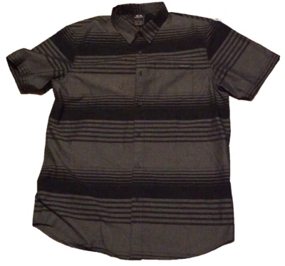 Oakley 衬衫男式中号黑色灰色条纹短袖纽扣棉混纺 — 第 1/4 张图片
