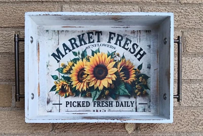 Decorative Wood Tray - Rustic - Sunflowers - Solid Brass 5" Handles  - Image 1 of 3