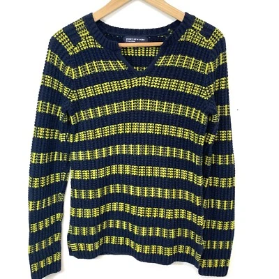 Jones NY Cable Knit Sweater Woman Small V Neck Cotton Wool Blend Navy Yellow - Image 1 of 4