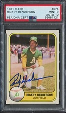 1981 FLEER RICKEY HENDERSON #574 PSA 9 W/ PSA 10 AUTO HOF ALL-TIME SB KING A's