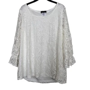 Slinky Brand Women’s Sz 1X White Floral Lace Overlay Blouse Lined Bell Sleeve - Picture 1 of 6