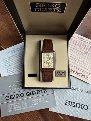 NOS Vintage Seiko Men's Tank 7F22-5019 Quartz Arabic Gold Dress Watch 27mm RARE! - Image 1 of 4