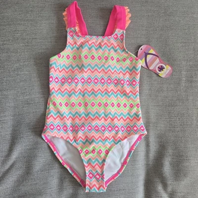NUEVO CON ETIQUETAS J. Caqui Niña Pequeña 4T Traje de Baño Volantes, Lazo, Patrón Colorido Foto 1 de 4