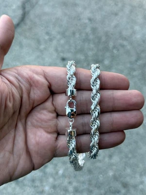 Collar de cadena de cuerda italiana de plata esterlina 925 maciza para hombre de 8 mm - corte diamante Foto 1 de 4