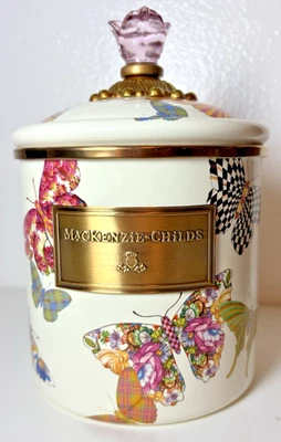 MacKenzie Childs Butterfly Garden Enamel Small Canister Pink Flower Lid Handle - Image 1 of 4