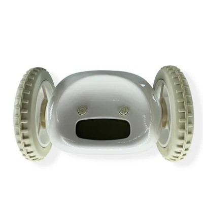 Reloj despertador con ruedas blanco rodante fugitivo repetición robot regalo único Foto 1 de 4