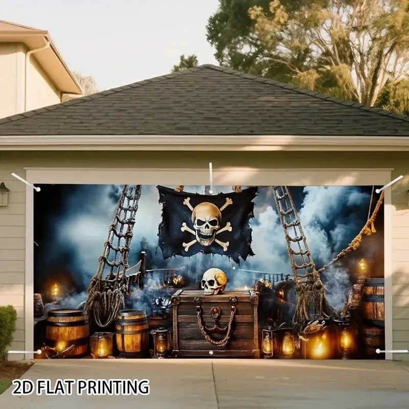 1pc Halloween Pirate Ship Garage Door Decoration - Skull Flag with Crossbones - Image 1 of 1