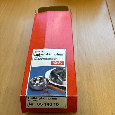 Butterpfännchen + Löffel * Edelstahl mit Holzgriffen Retro Vintage * Fissler OVP - Bild 1 von 4