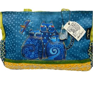 Laurel Burch Canvas Handbag Tote Blue Indigo 3 Cat Green Yellow Trim Charm Purse - Picture 1 of 13