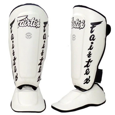 FAIRTEX SP7 ESPINILLERAS RETORCIDAS PROTECTORES BLANCO MUAY THAI KICK BOXING MMA K1 PROTECT Foto 1 de 2