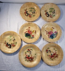 Vintage asiatische Bambus Teller 7er Set, Vogel Zweig Blumen, 9" Durchmesser - Bild 1 von 5
