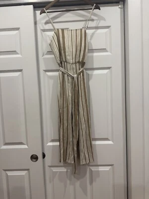 Macacão Alice+Olivia Feminino 4 Bege Listrado Luci Alça de Espaguete Perna Larga Linho - Imagem 1 de 4