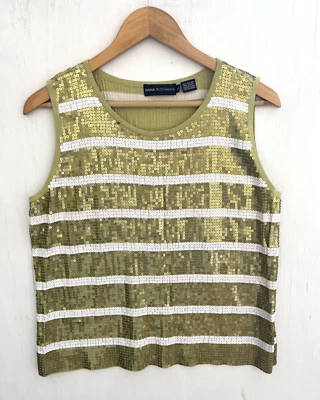 Camiseta sin mangas tejida con lentejuelas de seda a rayas verdes y blancas de DANA BUCHMAN talla L Foto 1 de 4