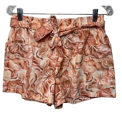 Pantalones Cortos Forever 21 Para Mujer Tiro Medio Alto Mezcla de Lino Pull On Naranja Floral Foto 1 de 4