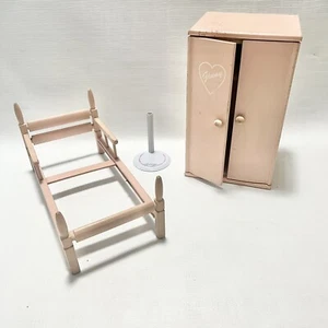 Vtg 50s Vogue Ginny Pink Wood Doll House Furniture Bed Wardrobe Doll Stand - Picture 1 of 7