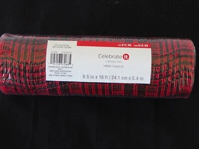Red & Black Christmas Plaid Mesh Ribbon Spool Arts & Crafts 9.5 in x 18 ft NEW - Image 1 of 4