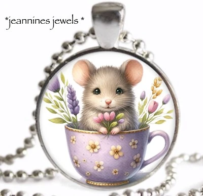 Collar taza de té ratón púrpura lavanda flores arte impresión plata encanto colgante Foto 1 de 4