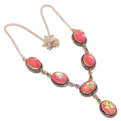 Cabochão de opala rosa fogo pedra preciosa oval prata 925 feito à mão moldura de corda colar Y - Imagem 1 de 3