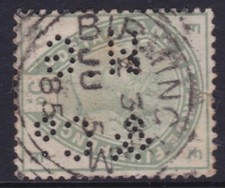 1880's Great Britain GB QV 5d Green BIRMINGHAM H.G. & Co. Perfin  HENRY GRIFFITH