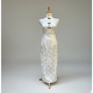VTG Cache Maxi Dress Gown Sz 4 Ivory Satin Damask Floral Halter Gold Tie Formal - Picture 1 of 13