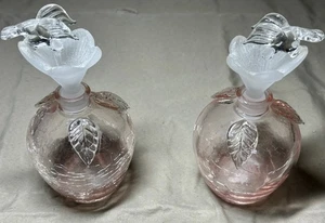 Vintage Pink Crackle Glass Perfume Bottles w/ Hummingbird Stoppers Pair Taiwan - Picture 1 of 9