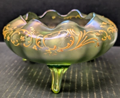 Loetz Glass Olympia Glatt 3 Footed Pinched Bowl Floral Enamel Pale Green 7”W - Image 1 of 4